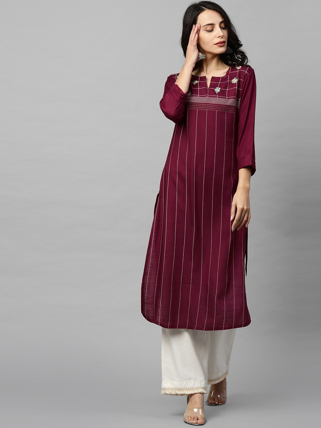 

FASHOR Women Burgundy Striped & Embroidered Kurta