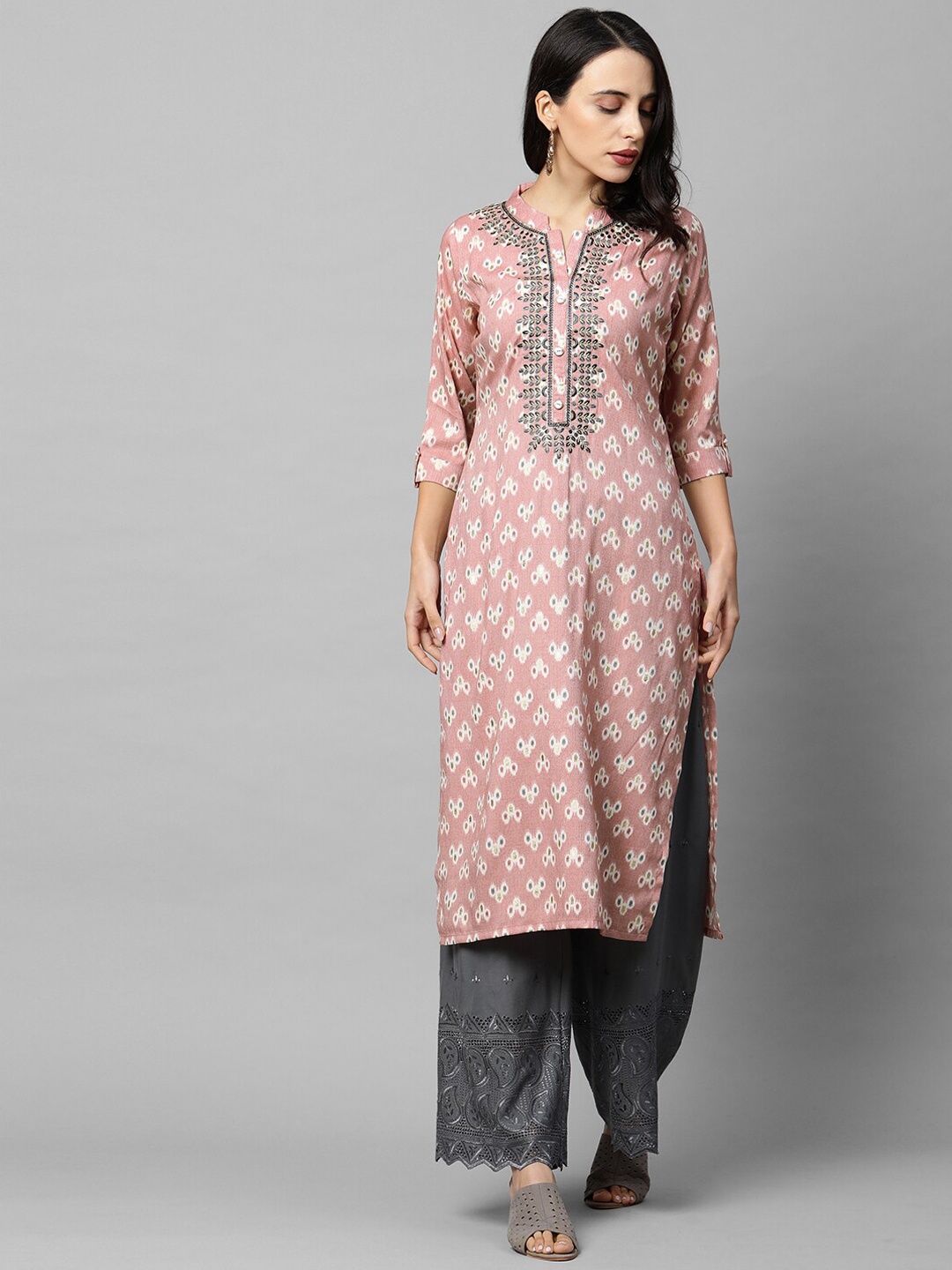 

FASHOR Women Pink Ethnic Motifs Printed & Embroidered Kurta