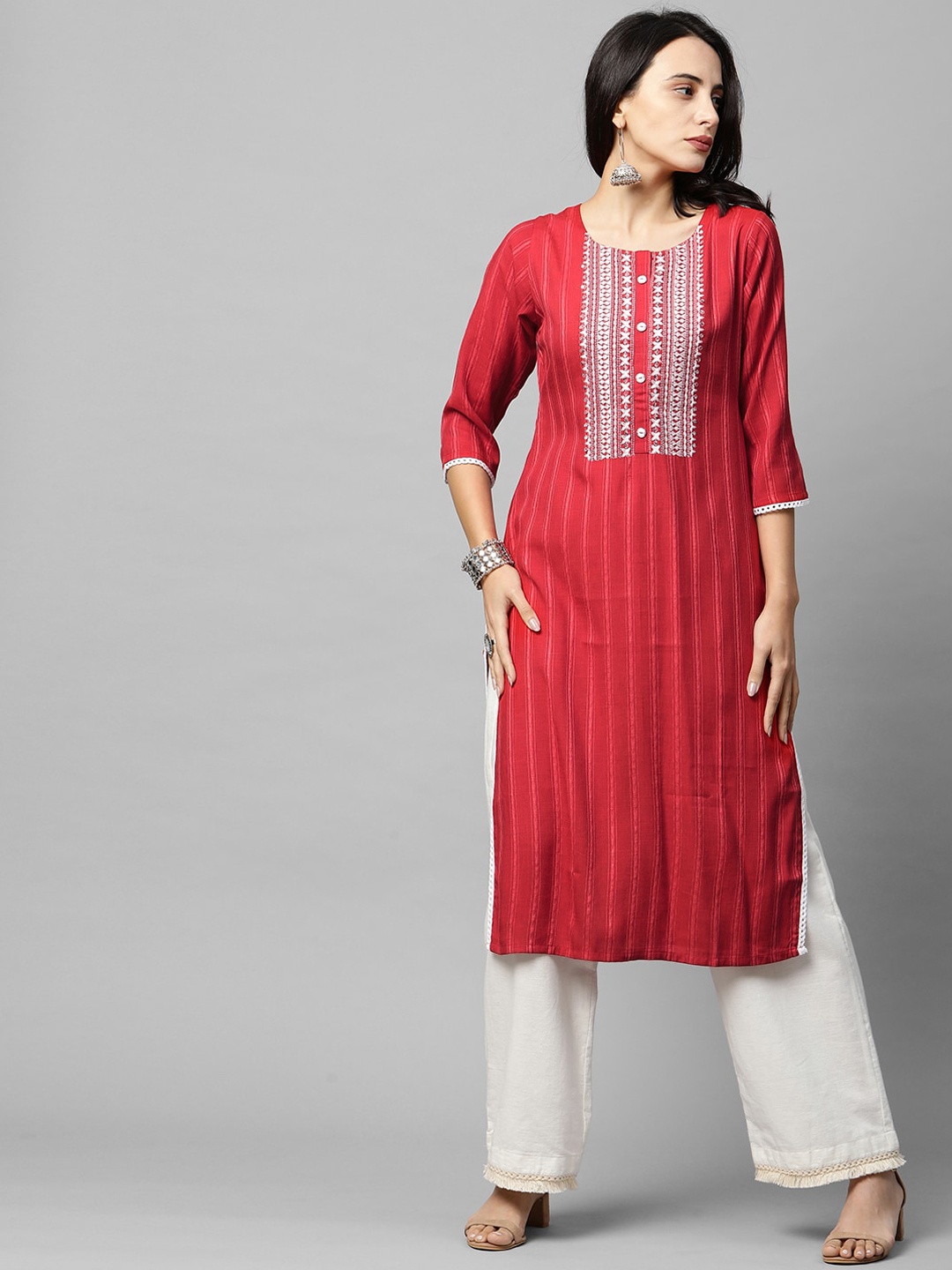 

FASHOR Women Red Striped & Embroidered Kurta