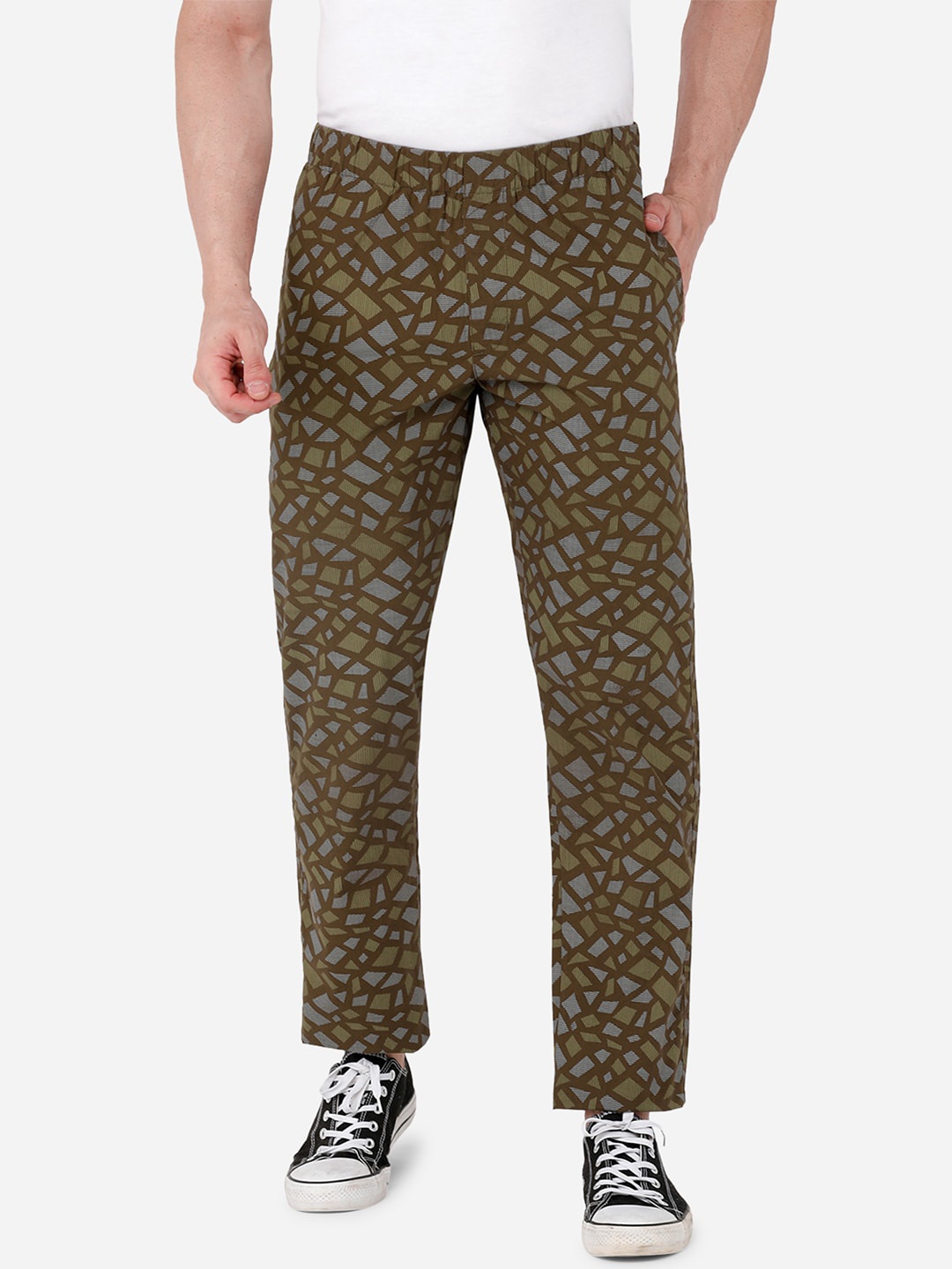 

beevee Men Khaki Printed Cotton Track Pants