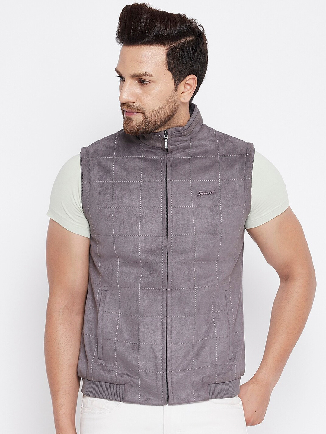 

Spirit Men Grey Checked Suede Windcheater Bomber Jacket