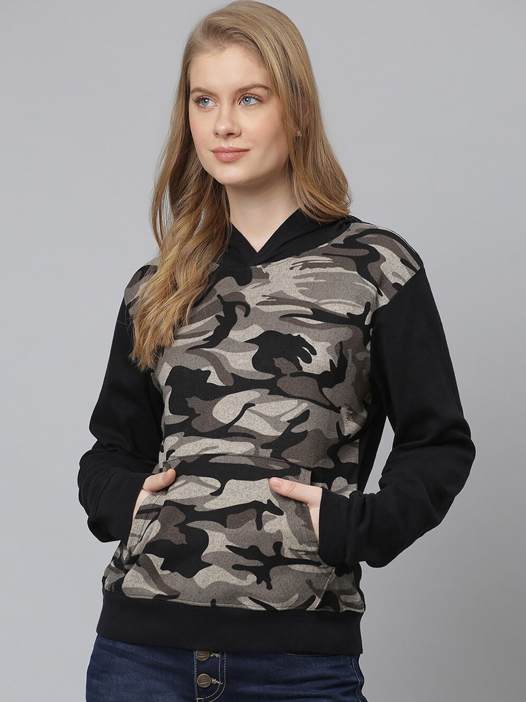

Campus Sutra Women Black & Beige Camouflage Printed Hooded Sweatshirt