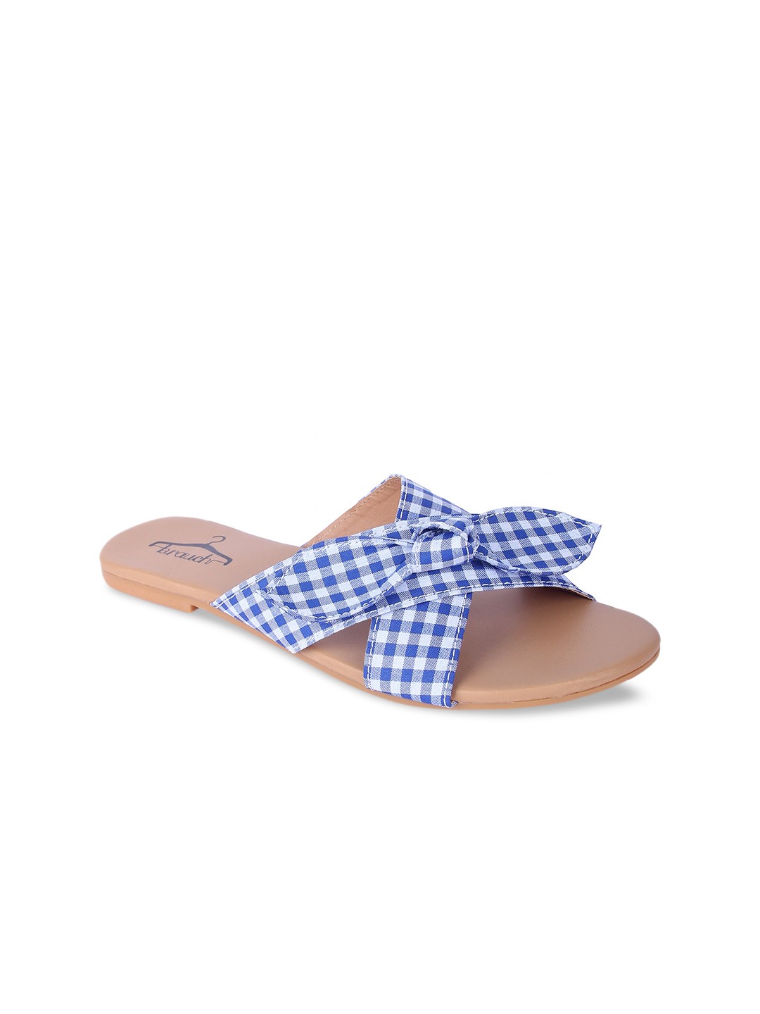 

Brauch Women Blue & White Checked Open Toe Flats with Bows
