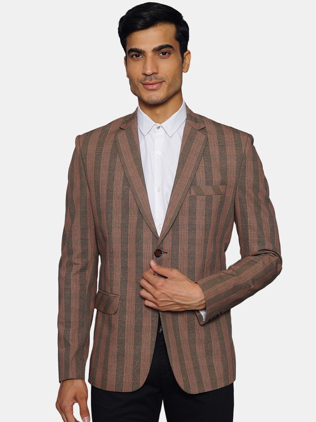 

Wintage Men Brown & Grey Striped Single-Breasted Formal Blazer