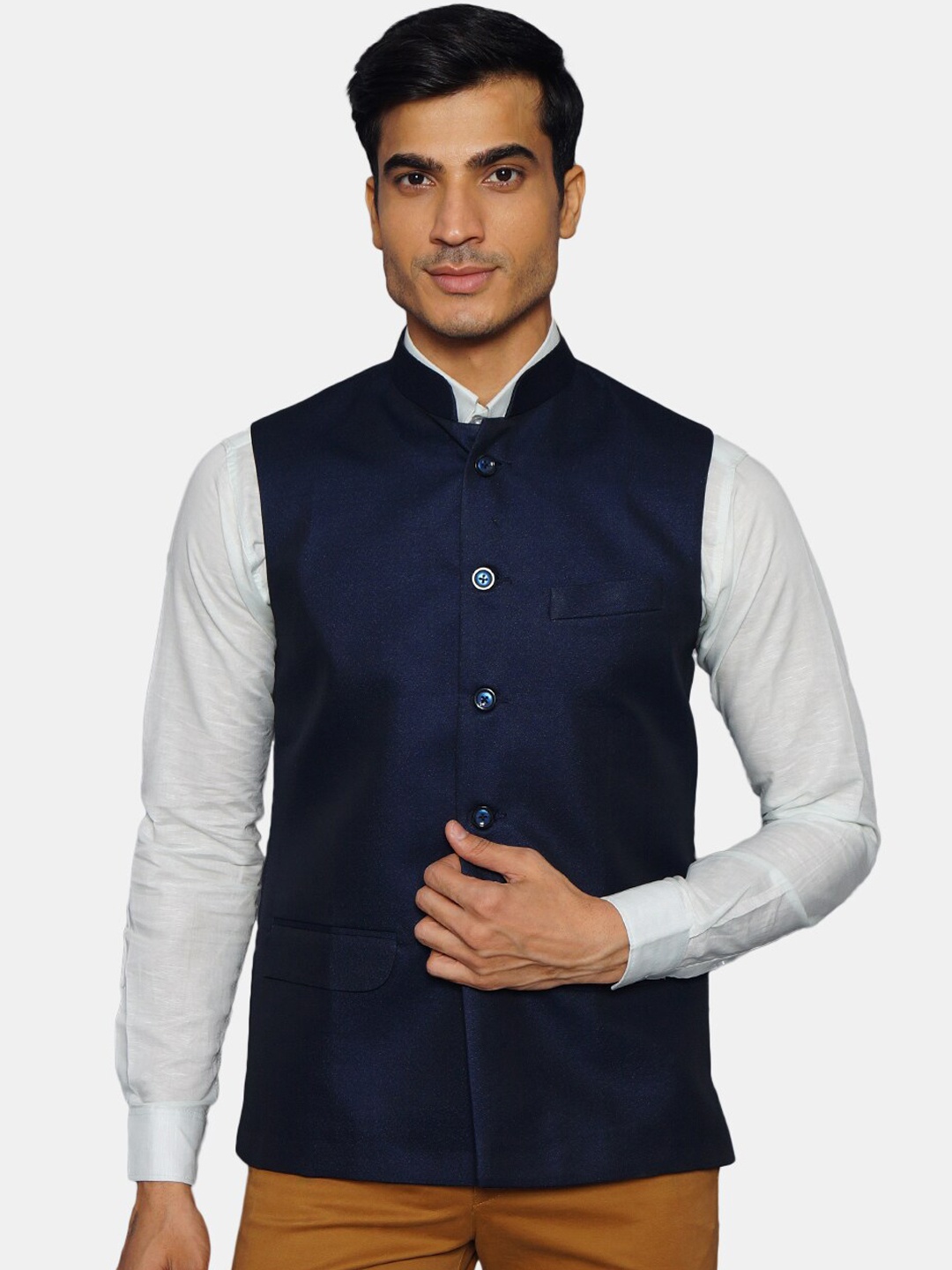 

Wintage Men Navy Blue Solid oven Nehru Jacket