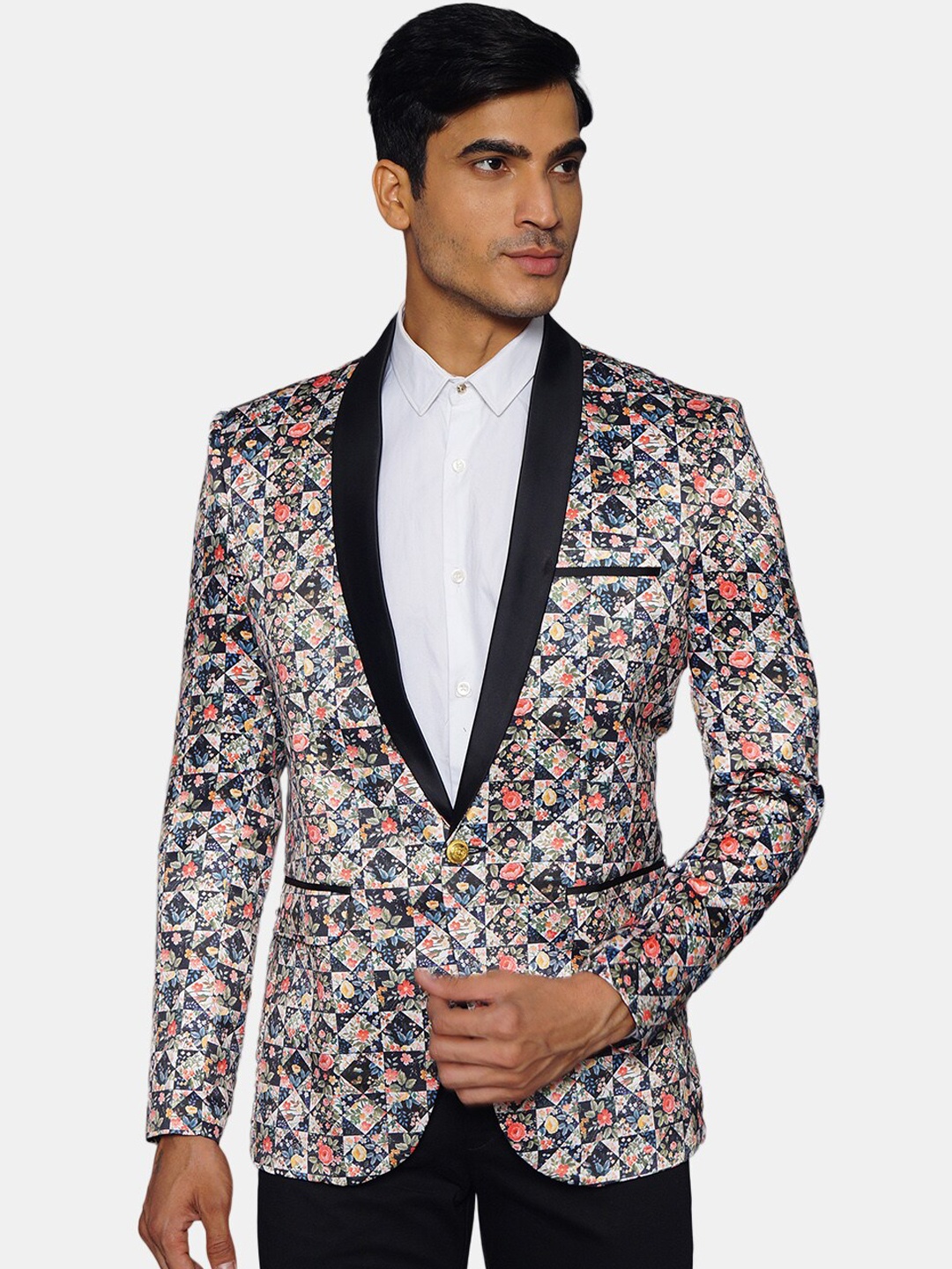 

Wintage Men Navy Blue & Pink Printed Tuxedo Casual Blazer