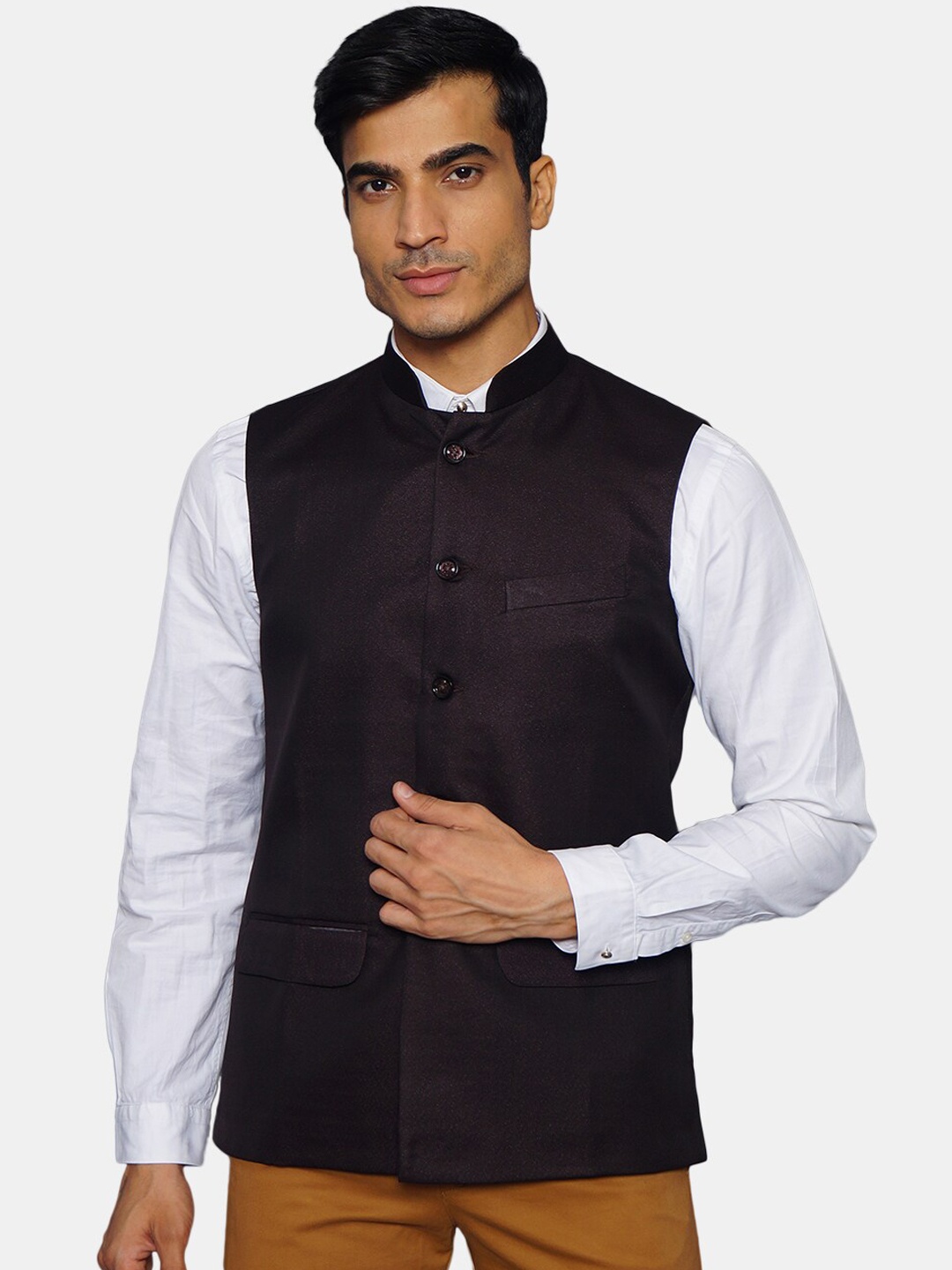 

Wintage Men Coffee Brown Solid Woven Nehru Jacket