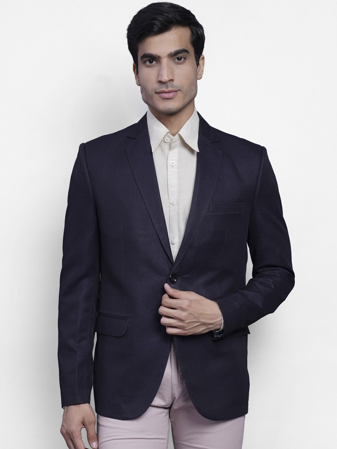 

Wintage Men Blue Solid Single-Breasted Formal Blazer, Navy blue