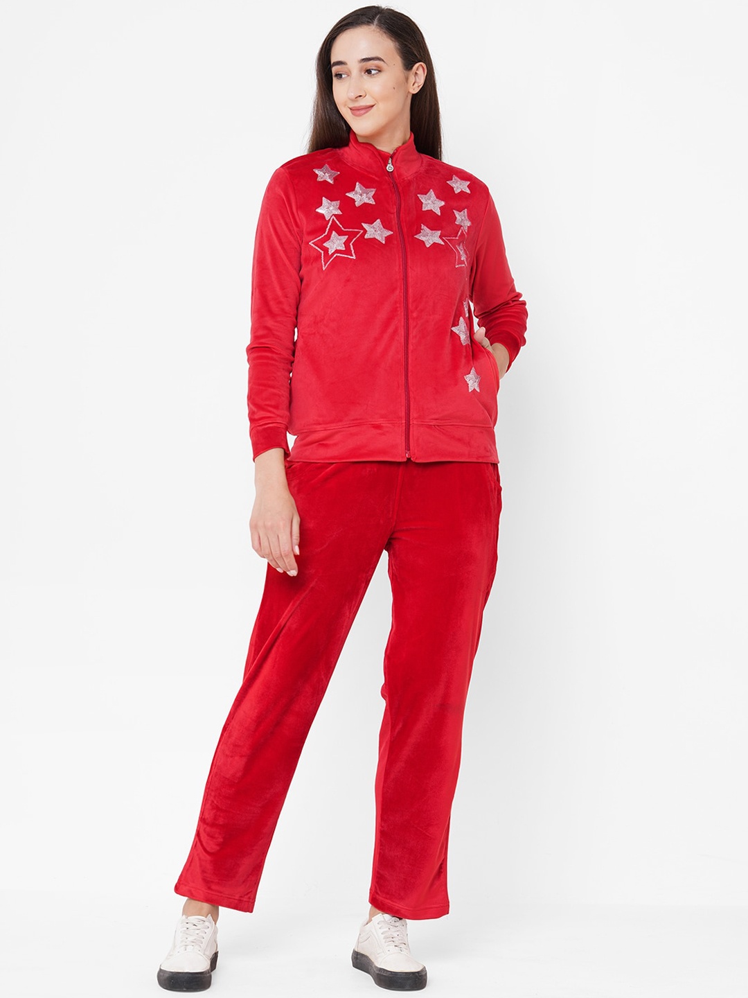 

Sweet Dreams Women Red Solid Velour Tracksuit