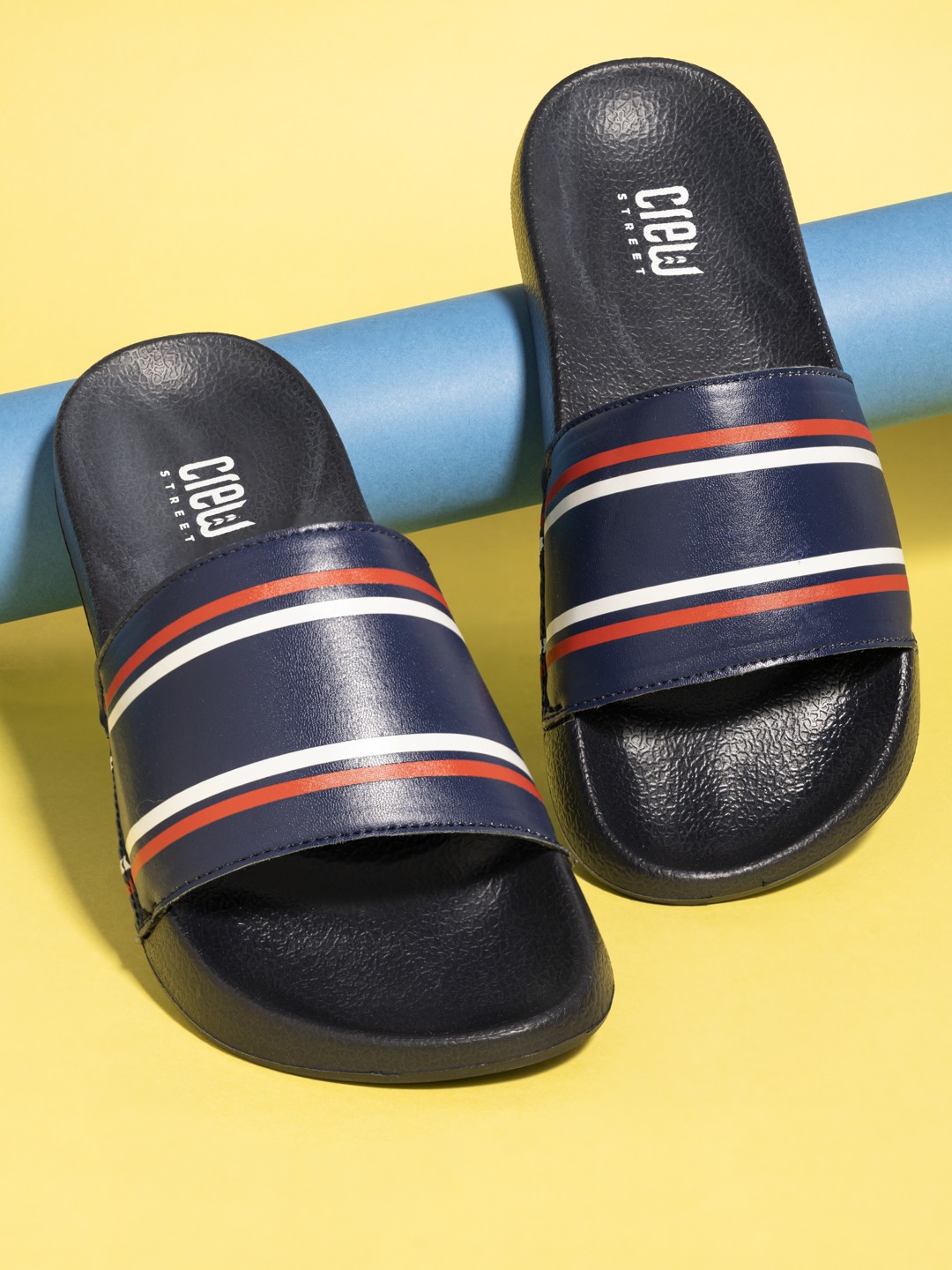 

Crew STREET Men Navy Blue & White Striped Sliders