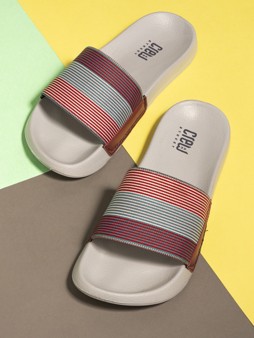 

Crew STREET Men Red & Grey Colourblocked Sliders