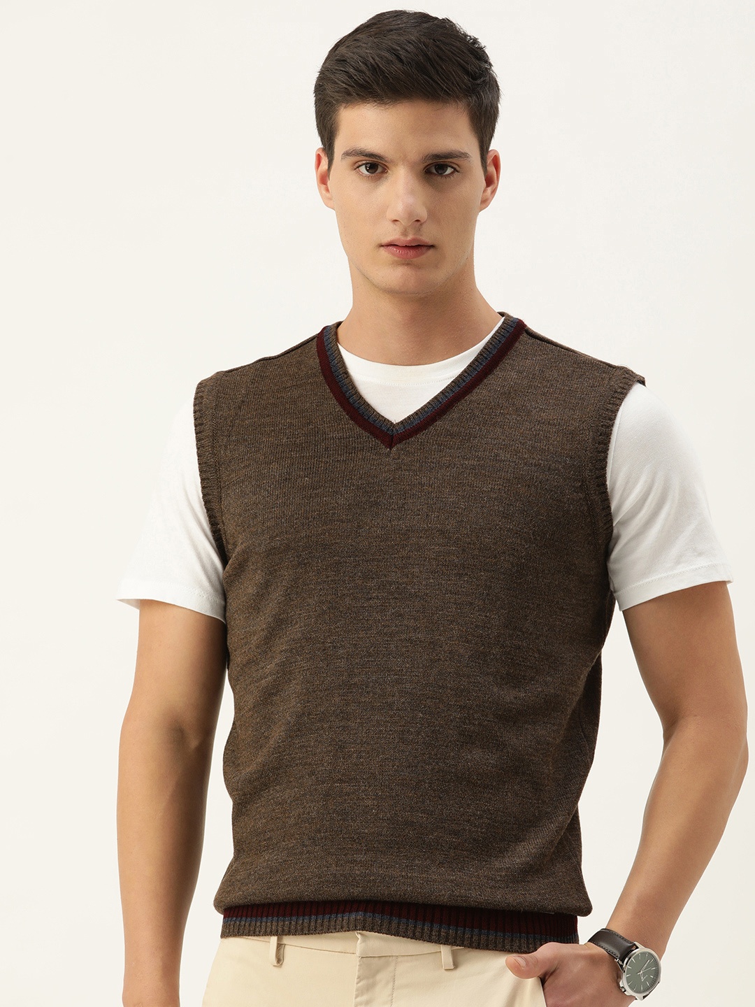 

Peter England V-Neck Knitted Acrylic Sweater Vest, Brown