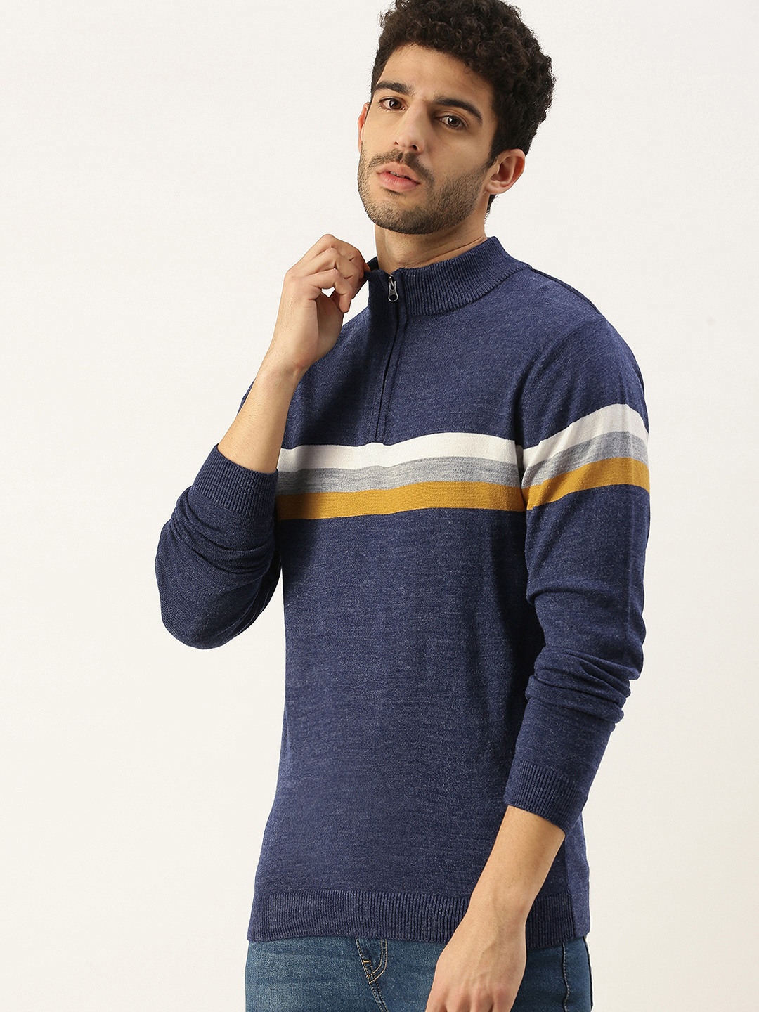 

Peter England Men Navy Blue & White Striped Pullover Sweater