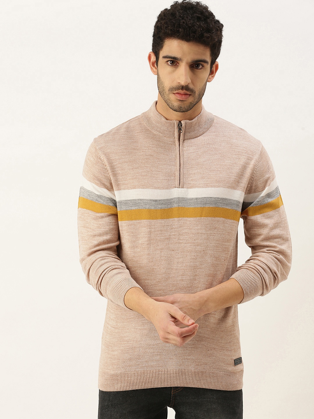 

Peter England Men Beige & White Striped Pullover Sweater