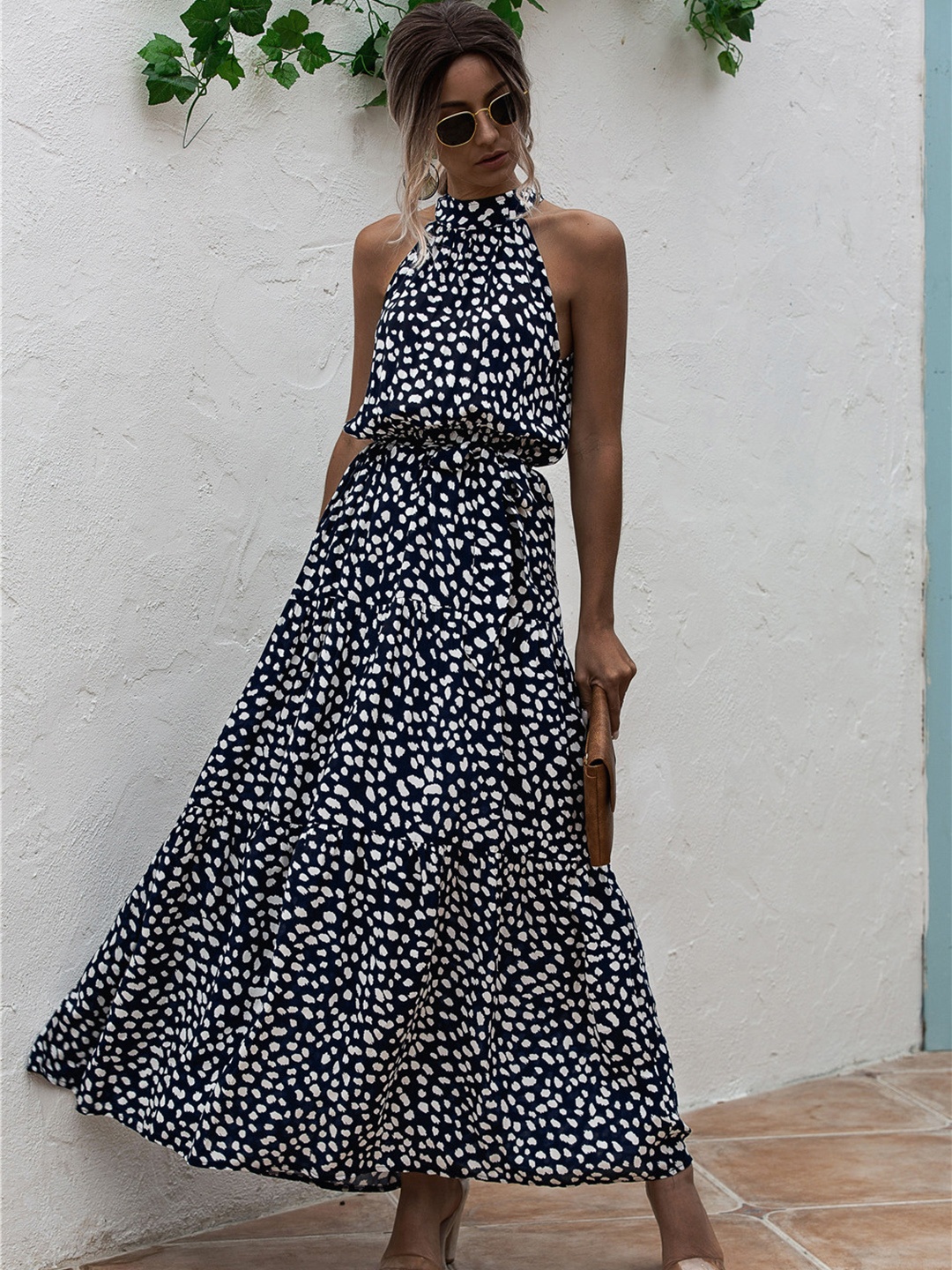 

URBANIC Navy Blue & White Printed Halter Neck Tiered Maxi Dress with Belt