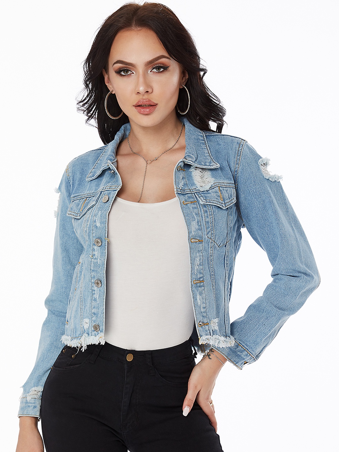 

URBANIC Women Blue Solid Ripped Cotton Denim Jacket