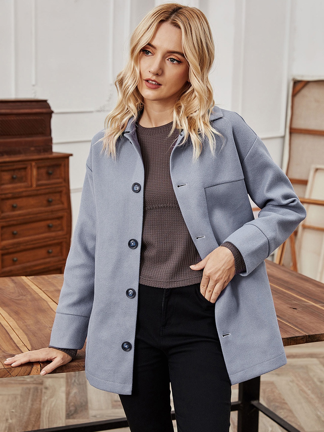 

URBANIC Women Blue Solid Overcoat