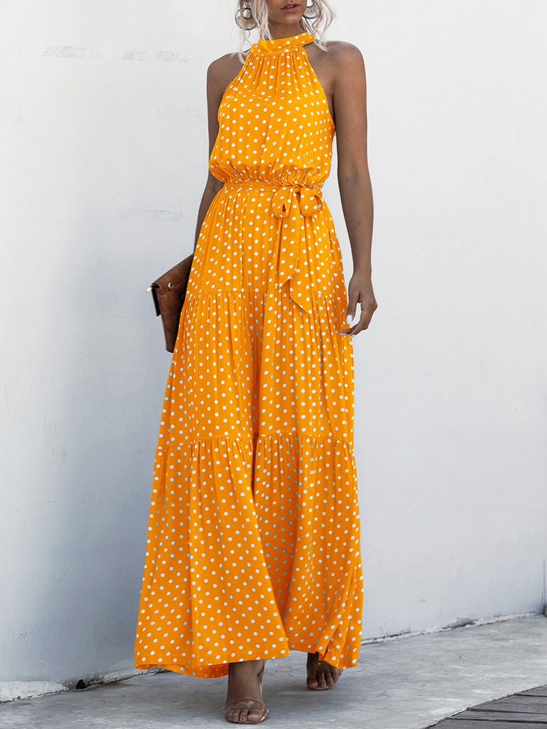 

URBANIC Orange & Off White Halter Neck A-Line Maxi Dress