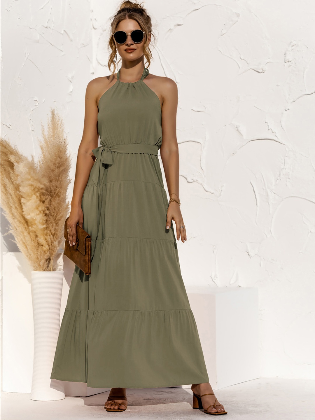 

URBANIC Olive Green Halter Neck A-Line Maxi Dress