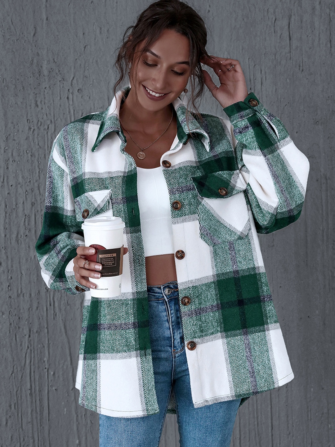 

URBANIC Women Green & Off-White Checked Shacket