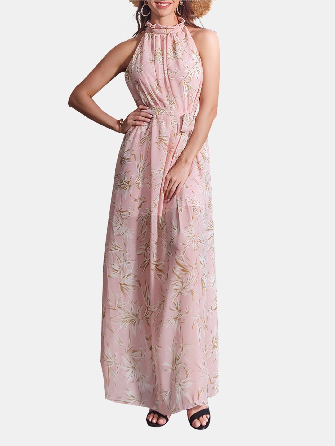 

URBANIC Pink Leaves Print A-Line Maxi Dress