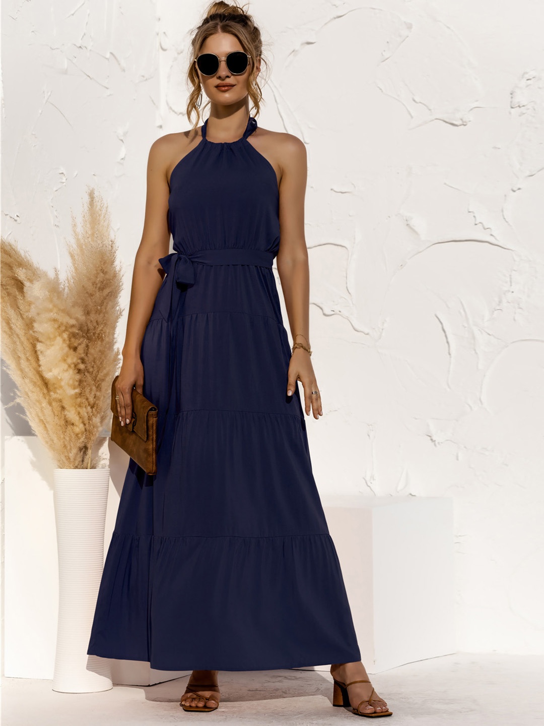 

URBANIC Navy Blue Halter Neck A-Line Maxi Dress