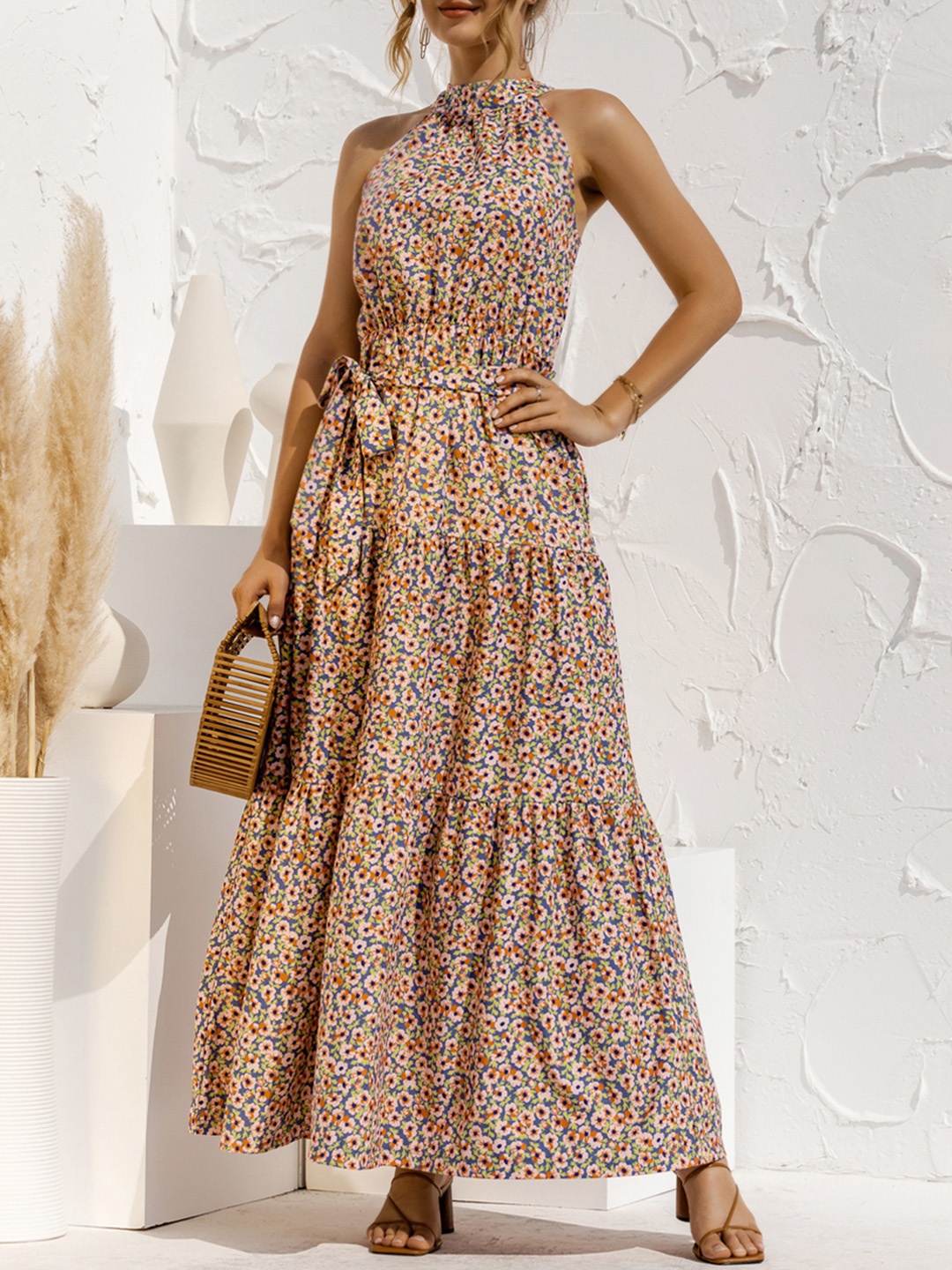 

URBANIC White & Brown Floral Print Tiered Maxi Dress With Belt