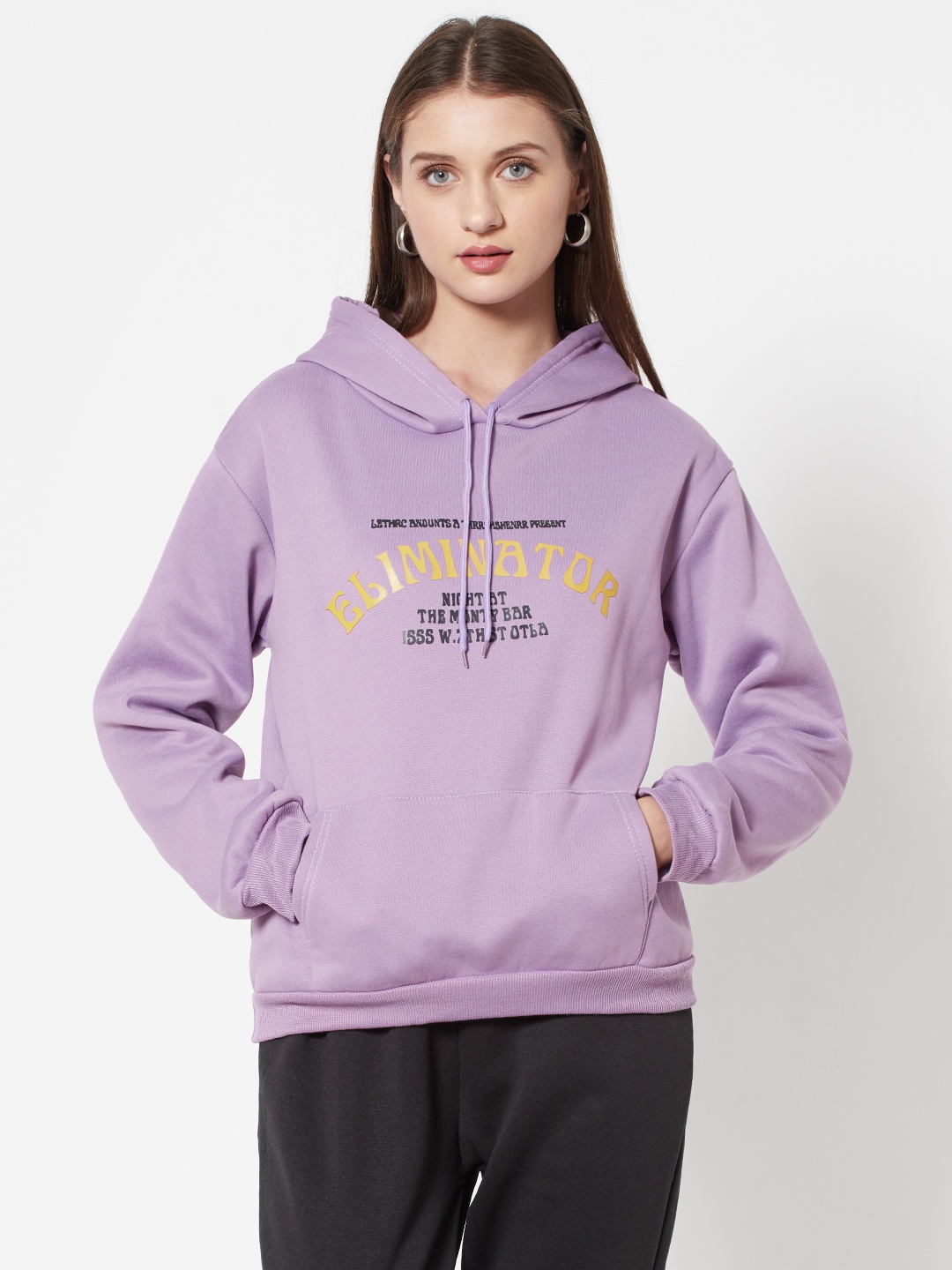 

URBANIC Purple & Black Typographic Print Kangaroo Pocket Two-Piece Set