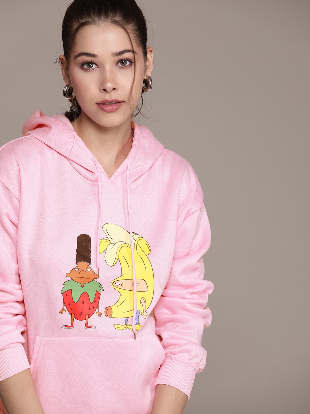 

URBANIC Women Pink & Yellow Printed Hooded Sweatshirt