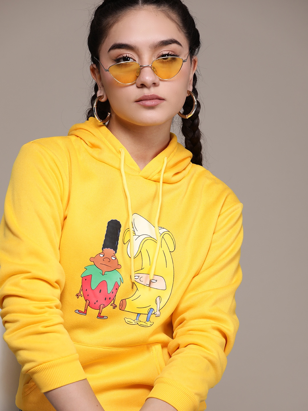 

URBANIC Women Yellow Printed Hooded Sweatshirt