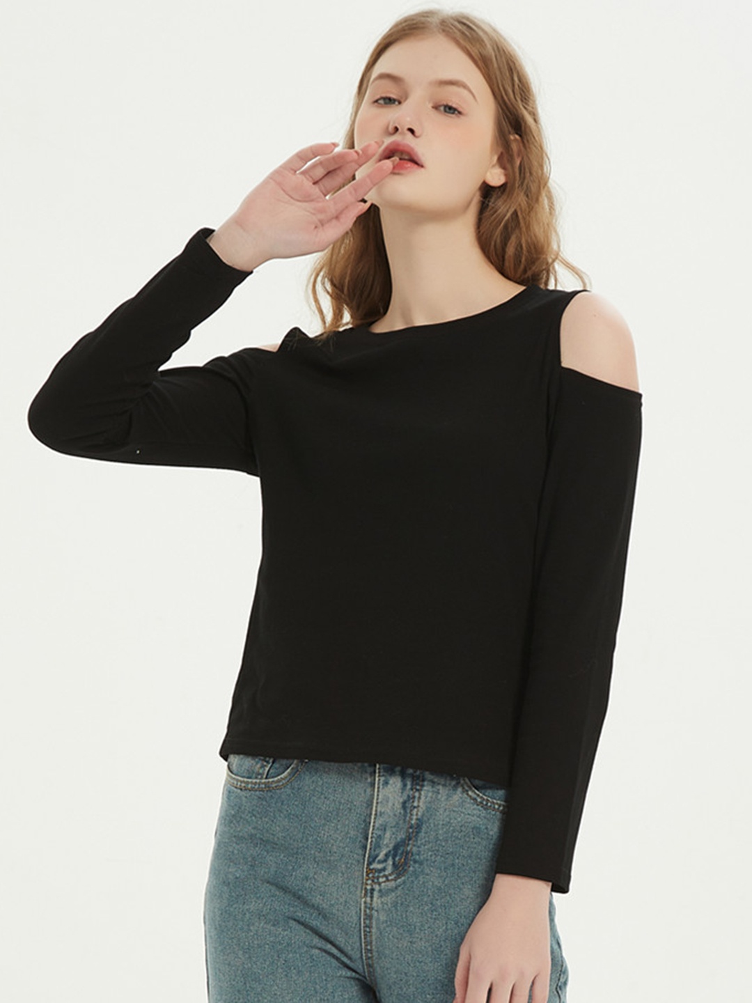 

URBANIC Women Black Solid Pure Cotton Regular Top