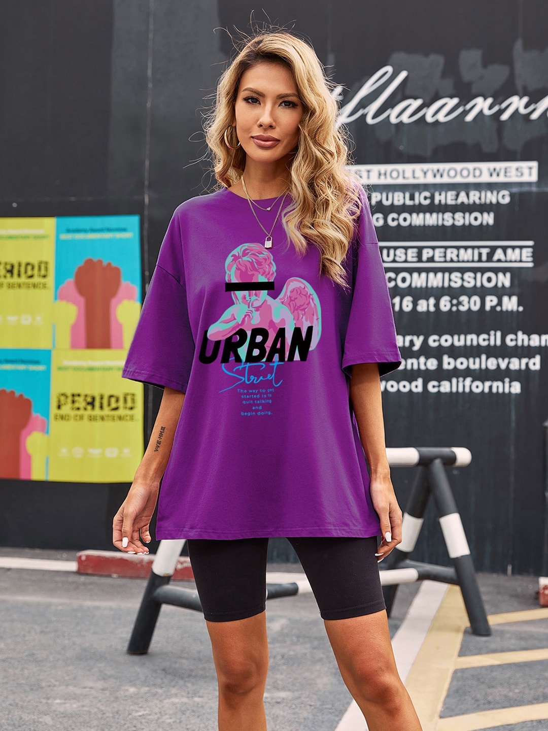 

URBANIC Women Purple Printed Drop-Shoulder Sleeves T-shirt