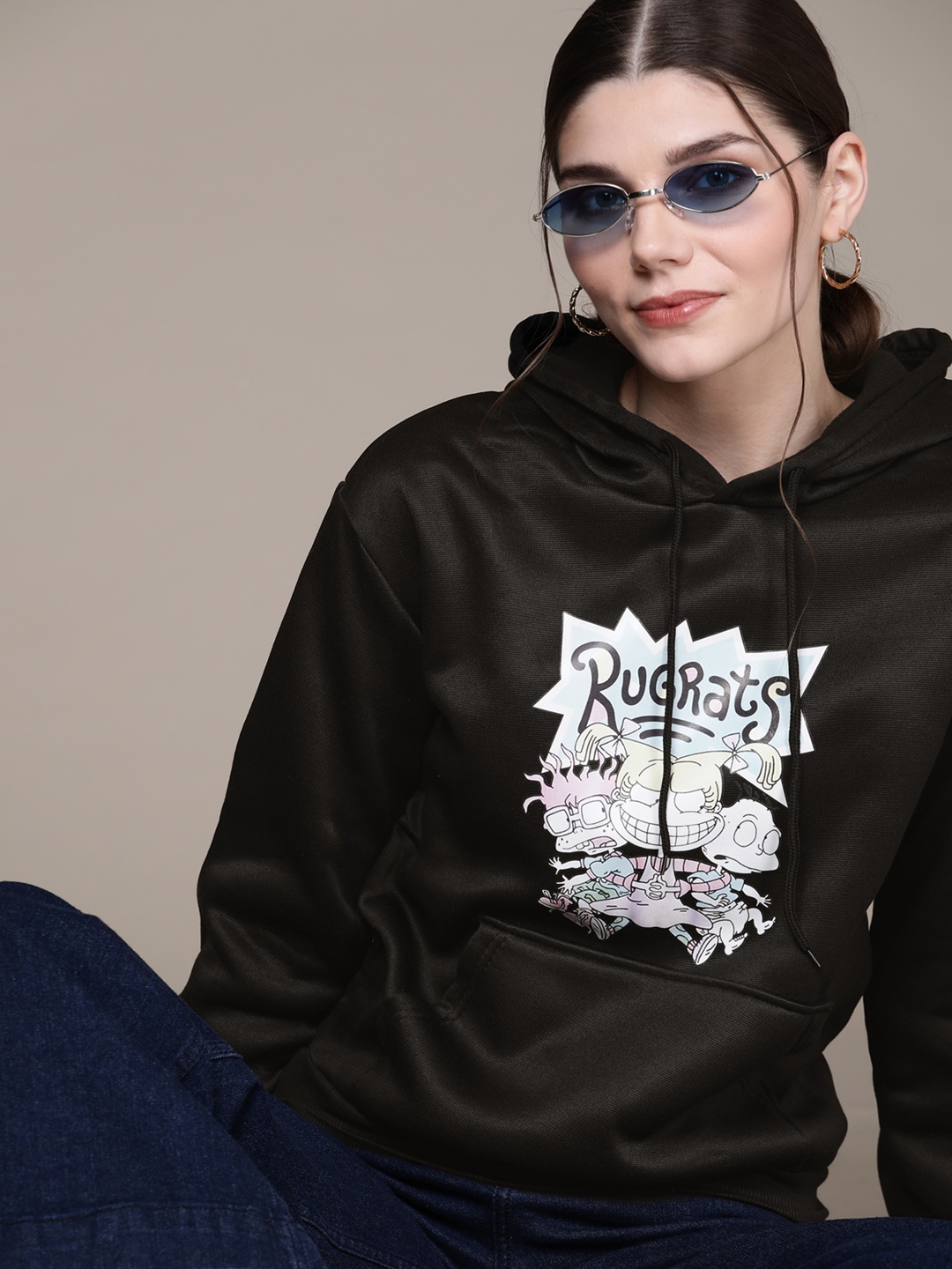 

URBANIC Women Black Graphic Printed Hooded Sweatshirt