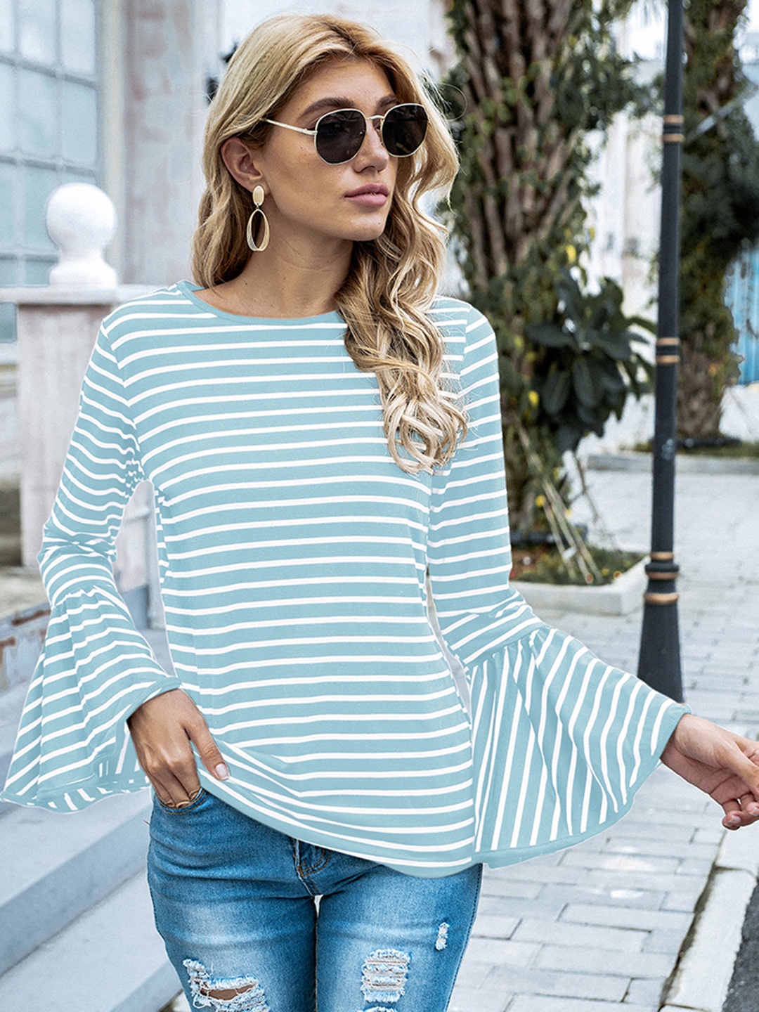 

URBANIC Women Blue & White Striped Bell Sleeves Top