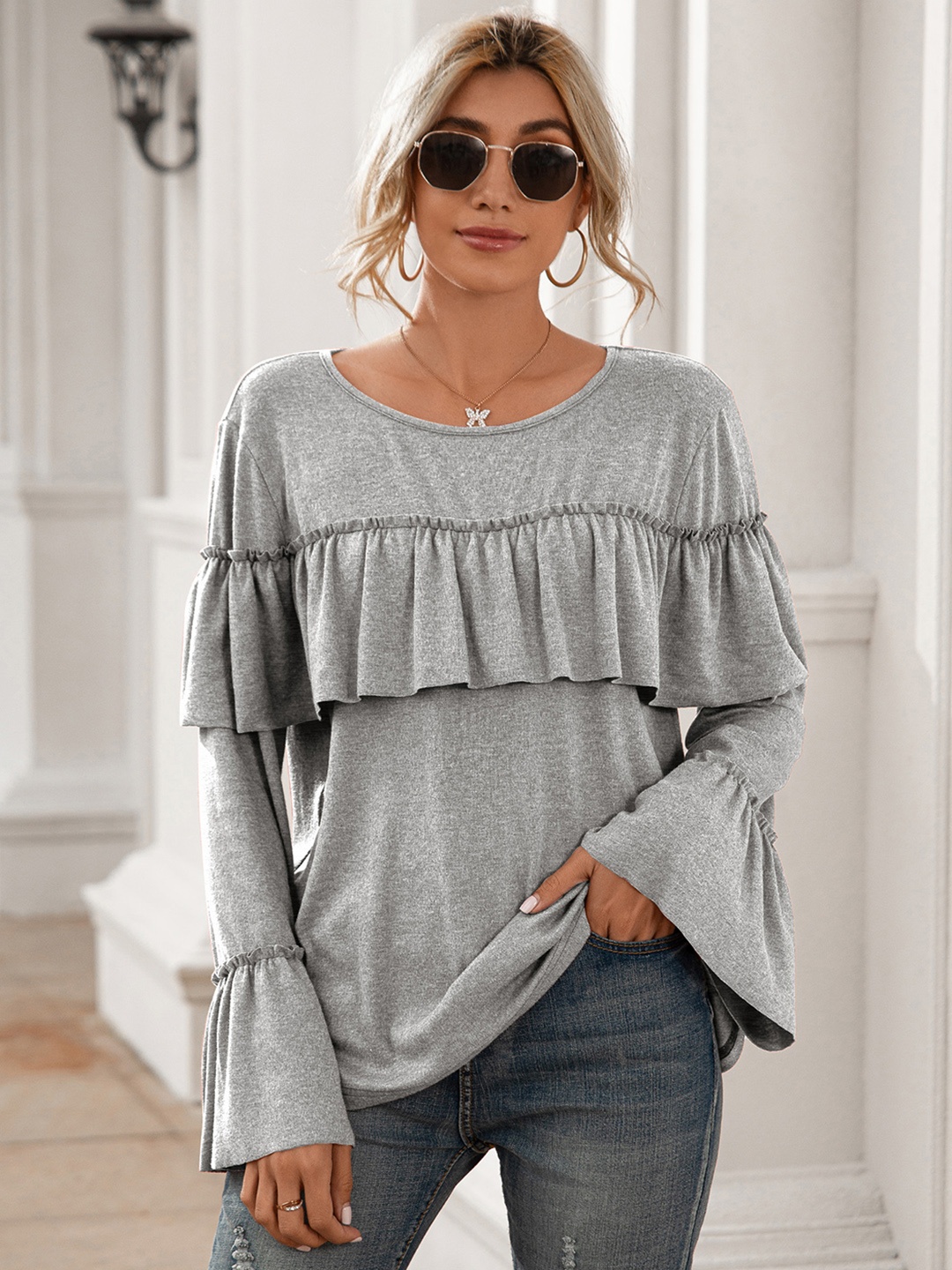 

URBANIC Grey Melange Solid Ruffles Top