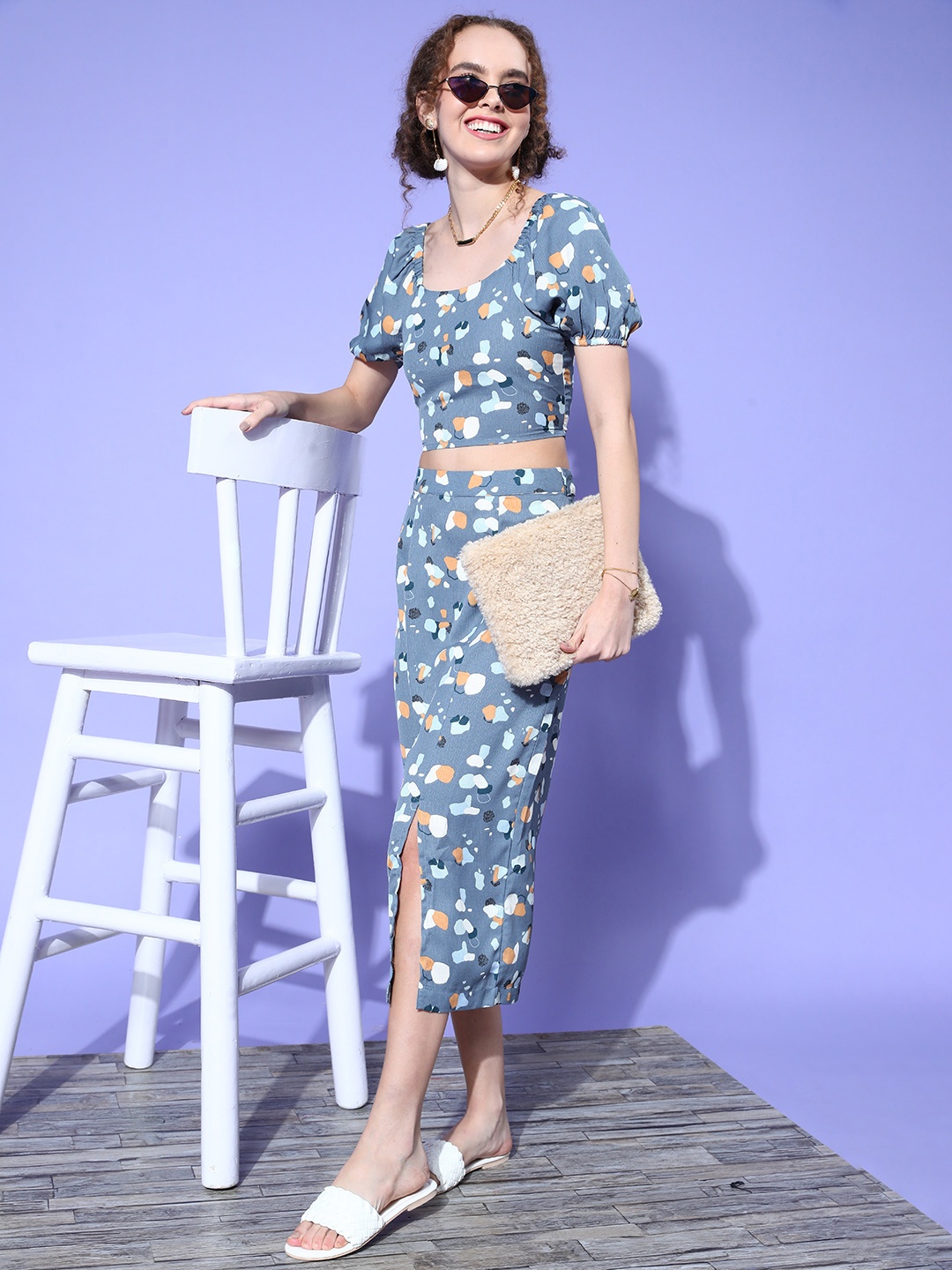 

Mast & Harbour Women Blue & Mustard Yellow Abstract Printed Co-ords