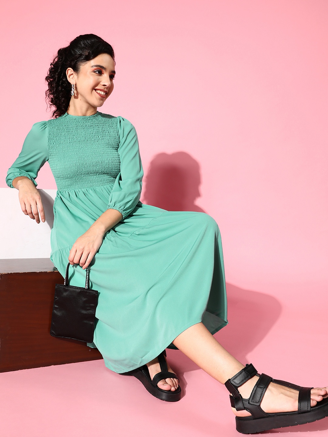 

Mast & Harbour Sea Green Smocked A-Line Midi Dress