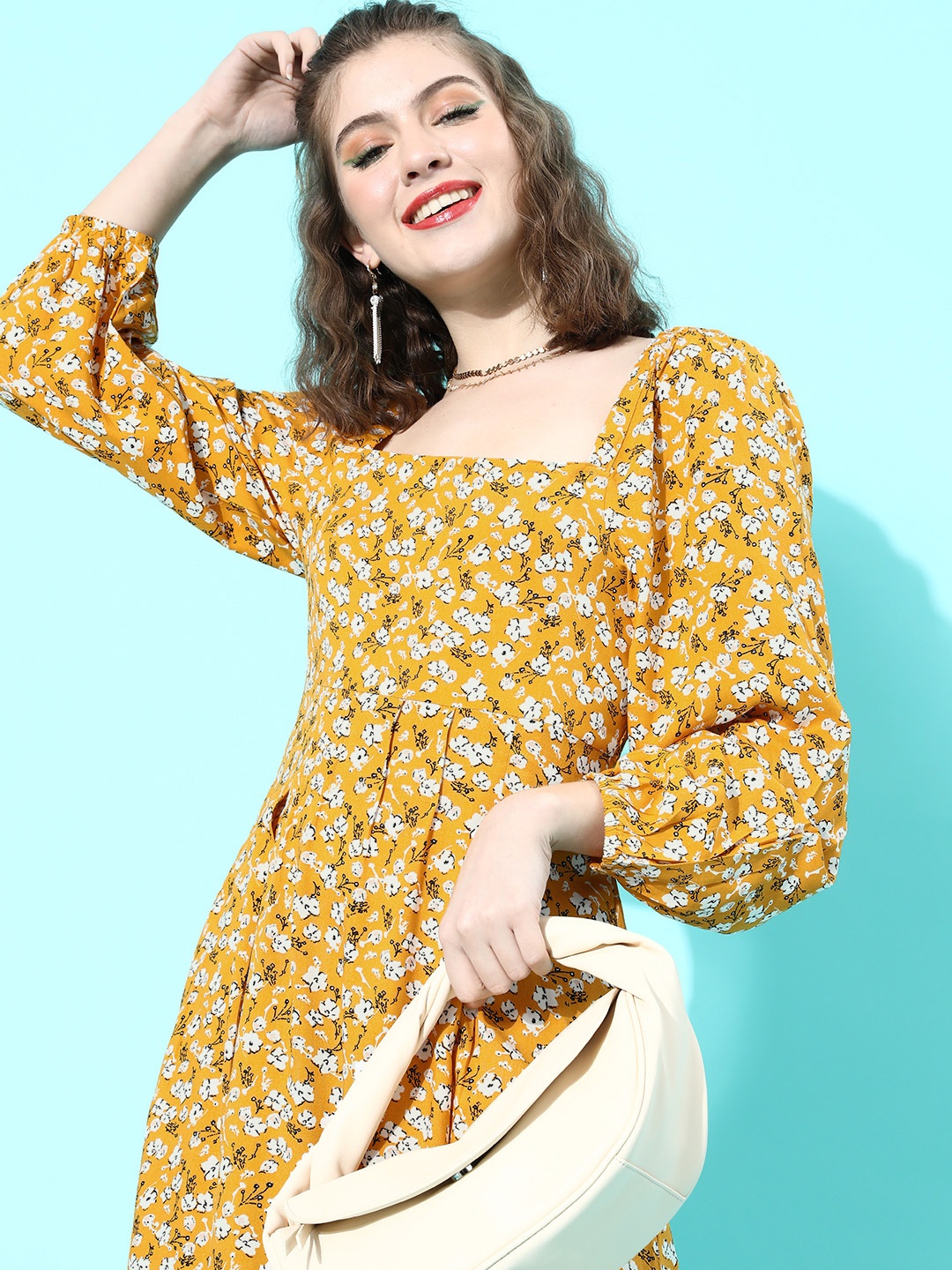 

Mast & Harbour Women Stylish Mustard Floral Puff Sleeves Dress