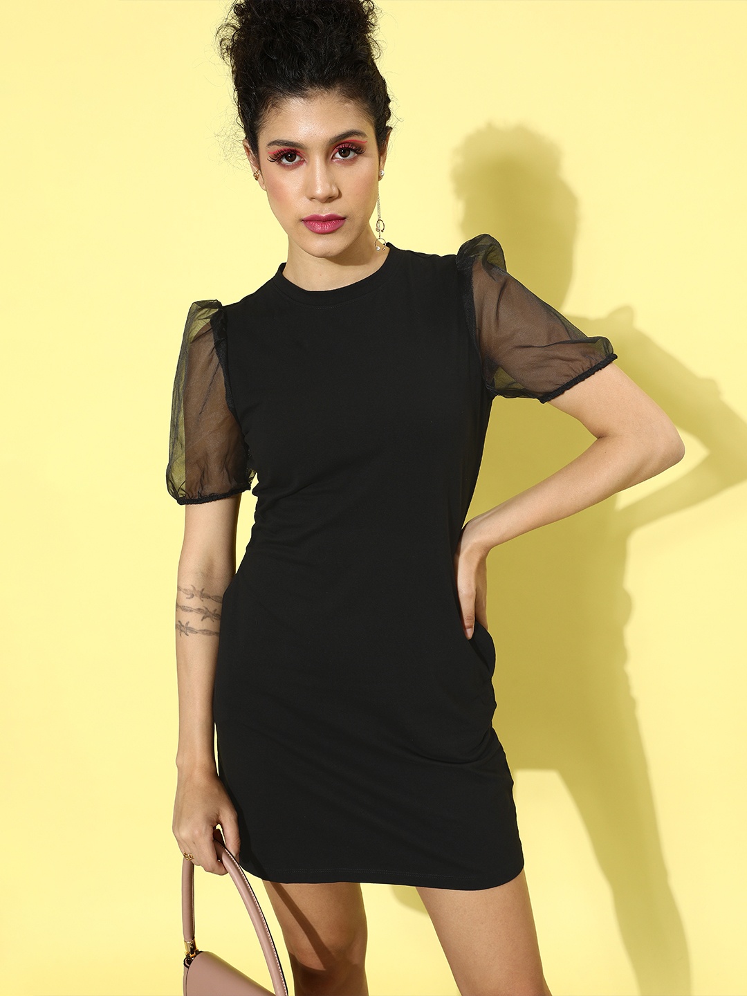 

Mast & Harbour Women Black Solid Puff Sleeves Dress
