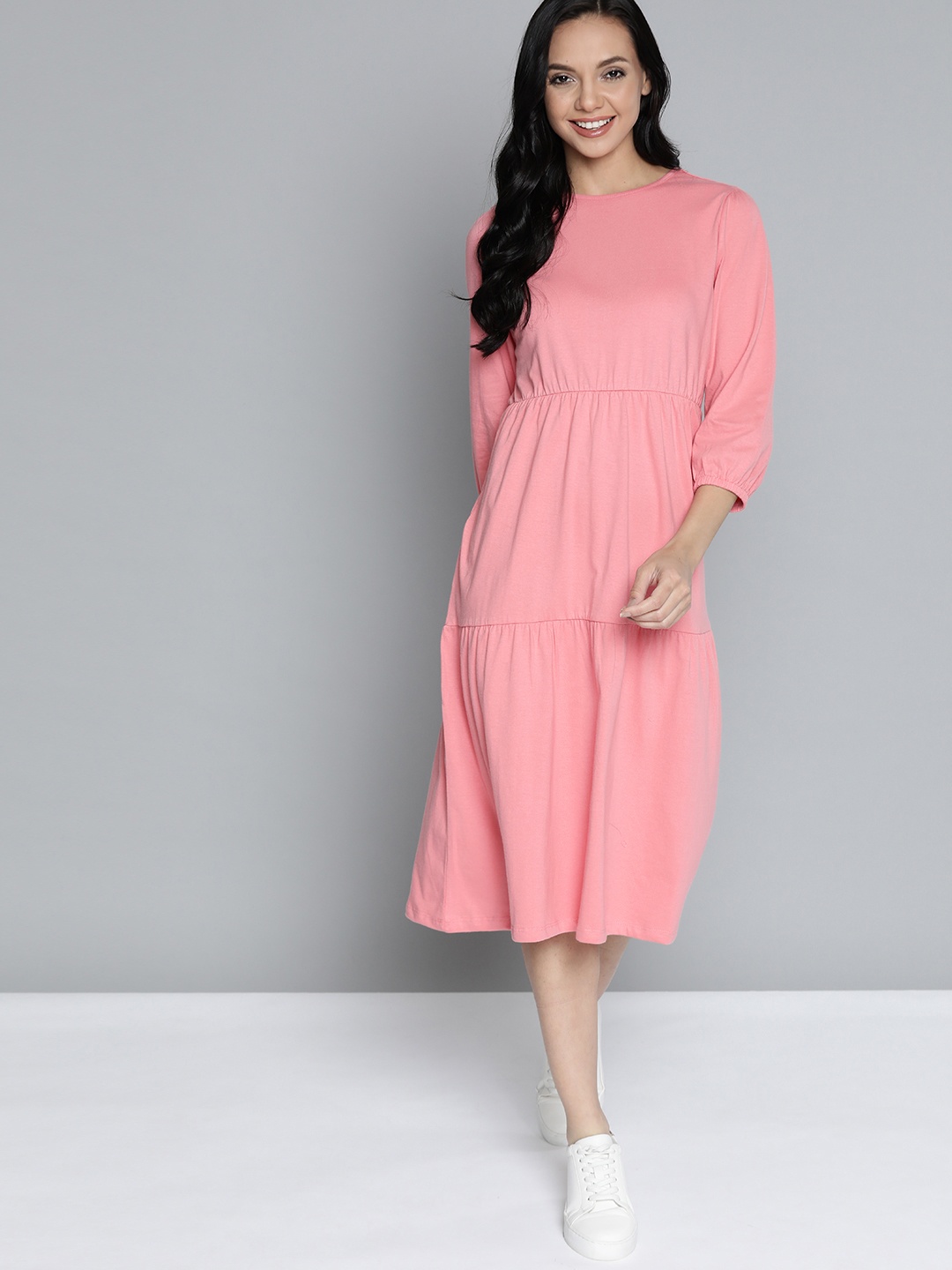 

Mast & Harbour Pink Pure Cotton Tiered A-Line Midi Dress