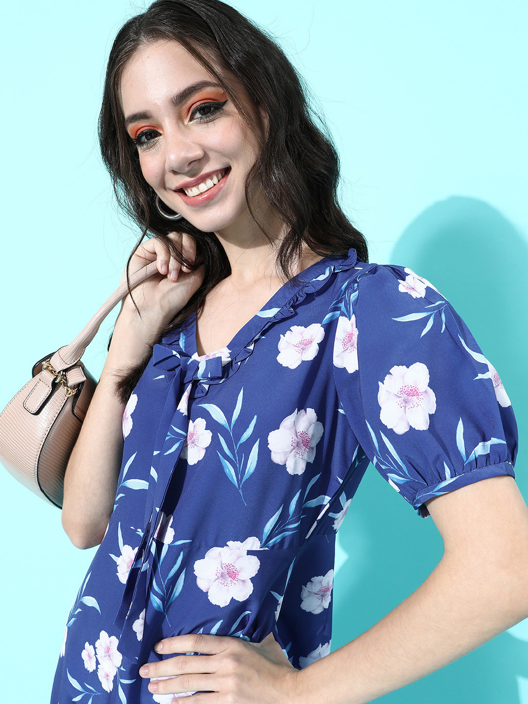 

Mast & Harbour Women Stunning Blue Floral Puff Sleeves Dress