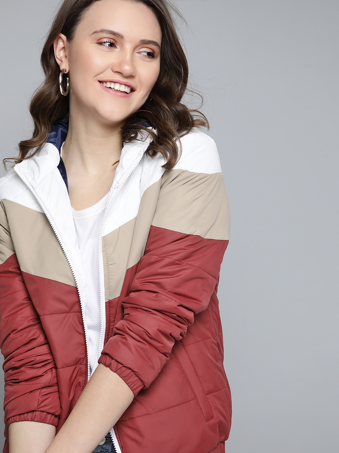 

Mast & Harbour Women Maroon & White Colourblocked Hooded Bomber Jacket
