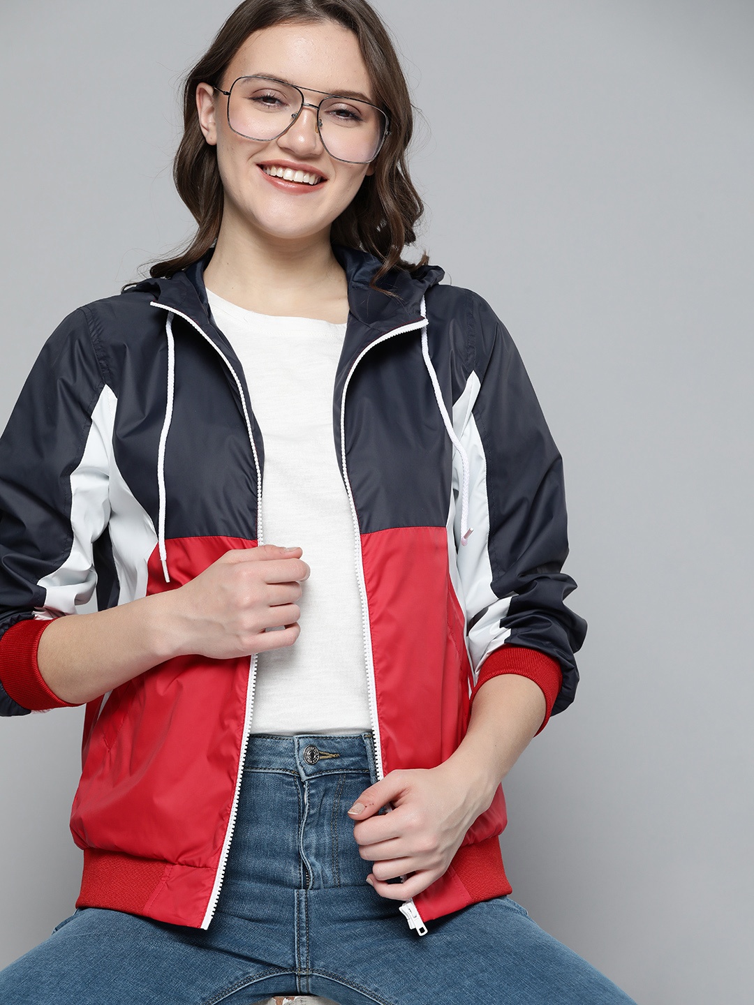 

Mast & Harbour Women Red Navy Blue Colourblocked Tailored Hooded Jacket