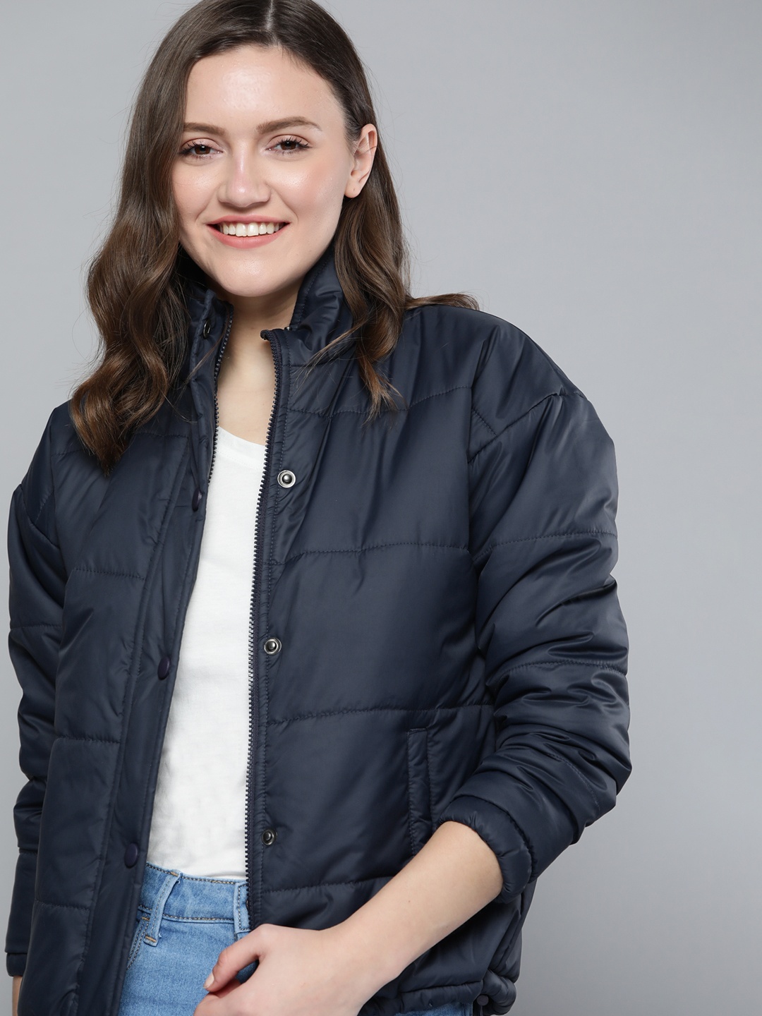 

Mast & Harbour Women Navy Blue Solid Padded Jacket