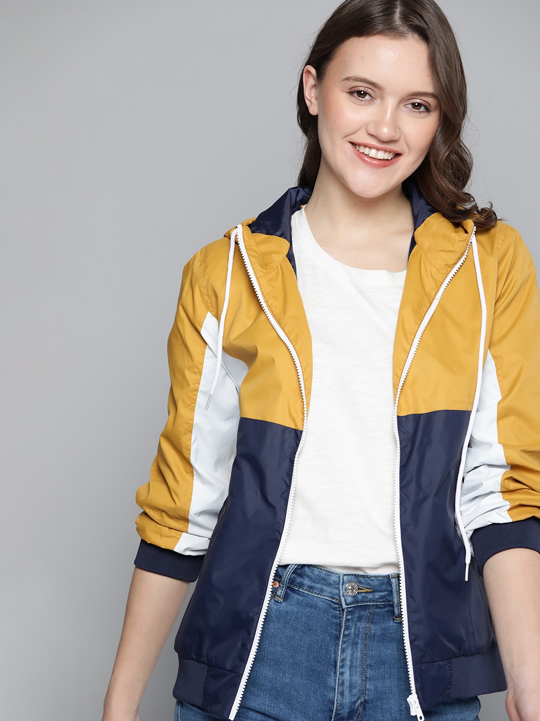 

Mast & Harbour Women Mustard Navy Blue Colourblocked Lightweight Hooded Bomber Jacket