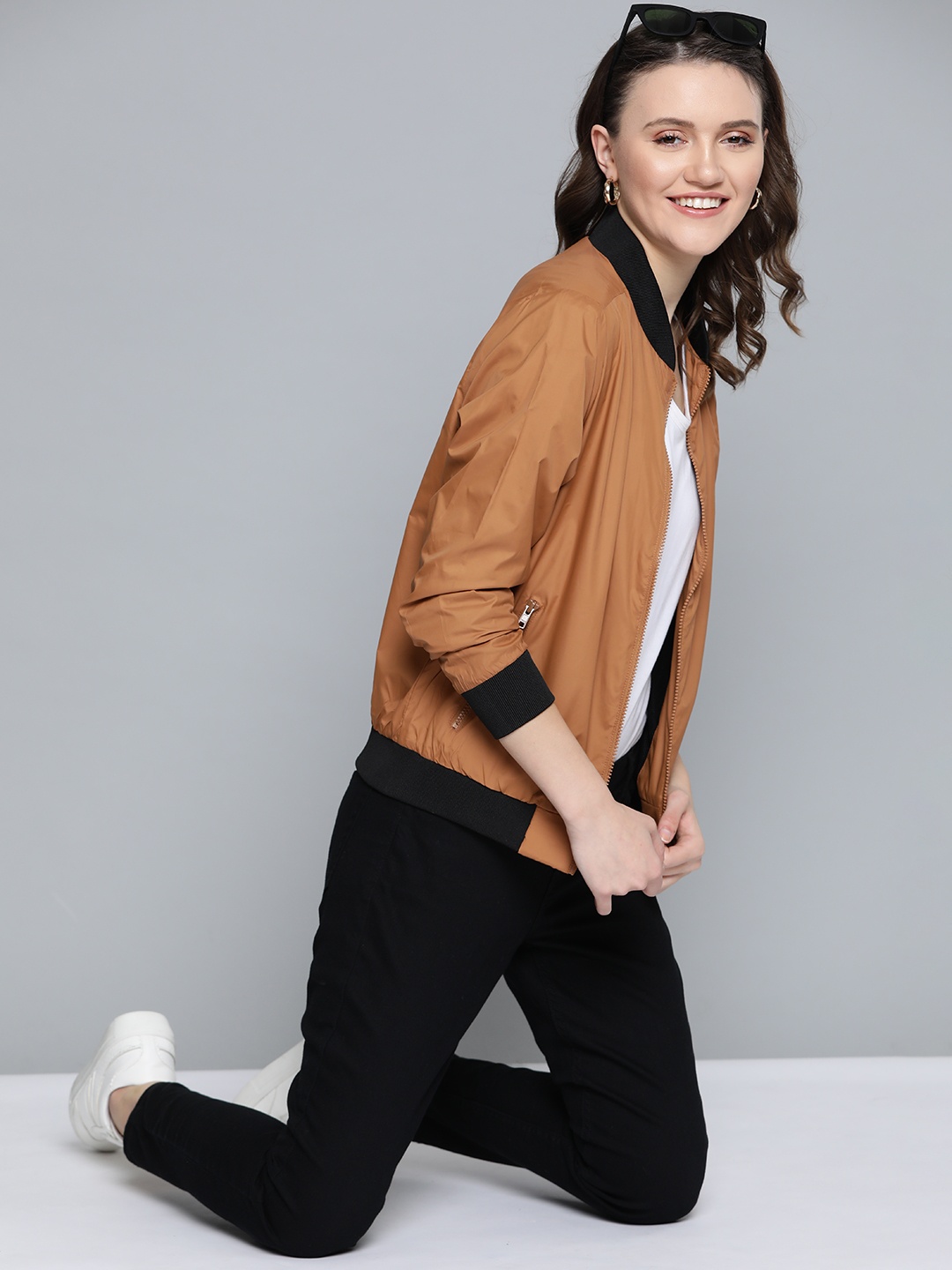 

Mast & Harbour Women Brown Solid Bomber Jacket