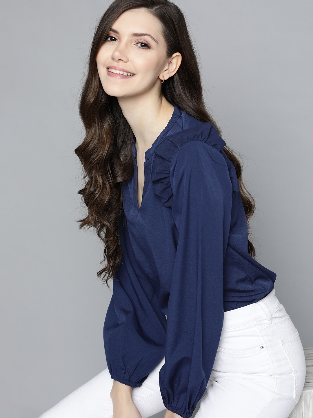 

Mast & Harbour Navy Blue Frilled Puff Sleeves Top