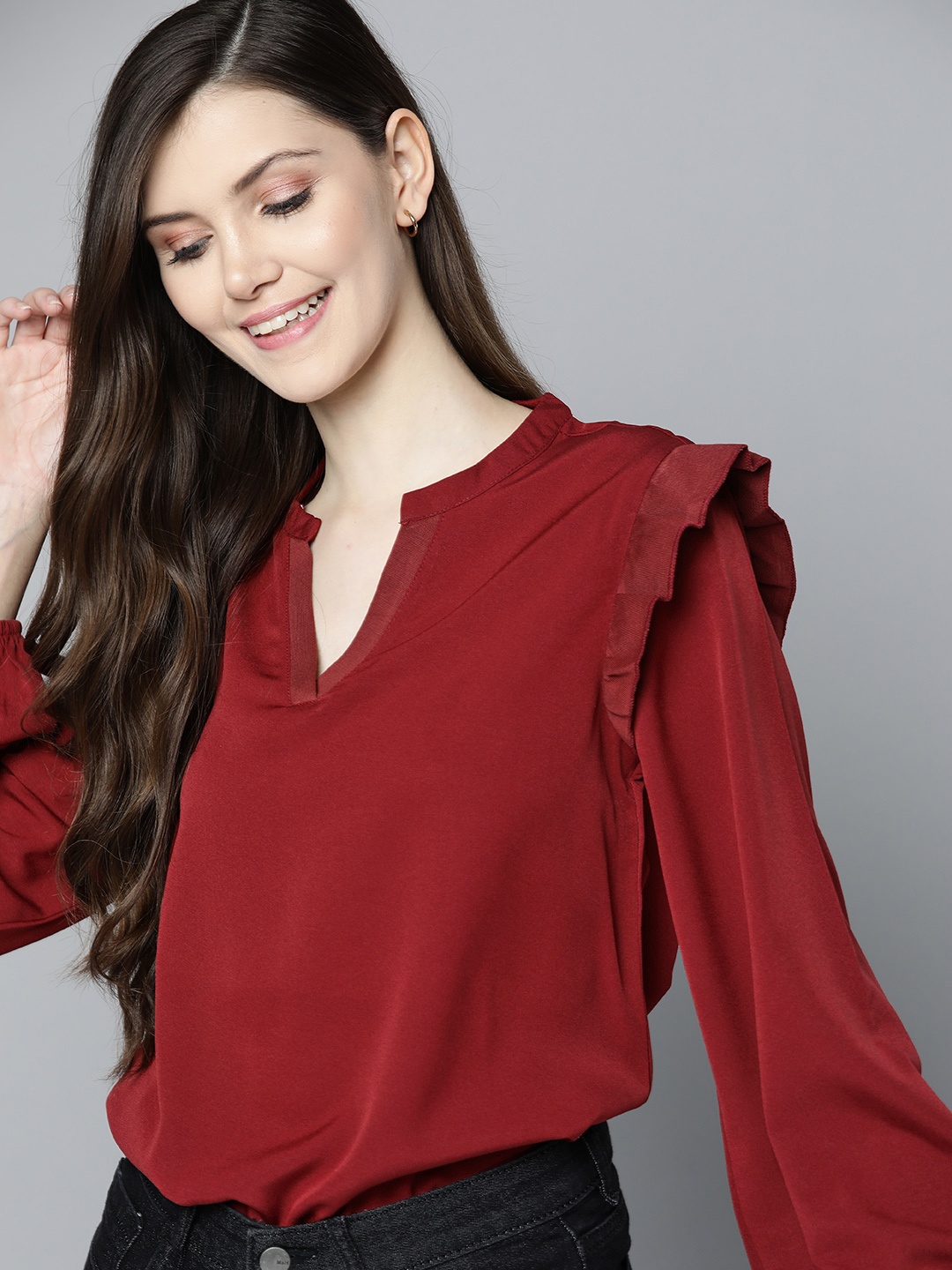

Mast & Harbour Maroon Frilled Puff Sleeves Top