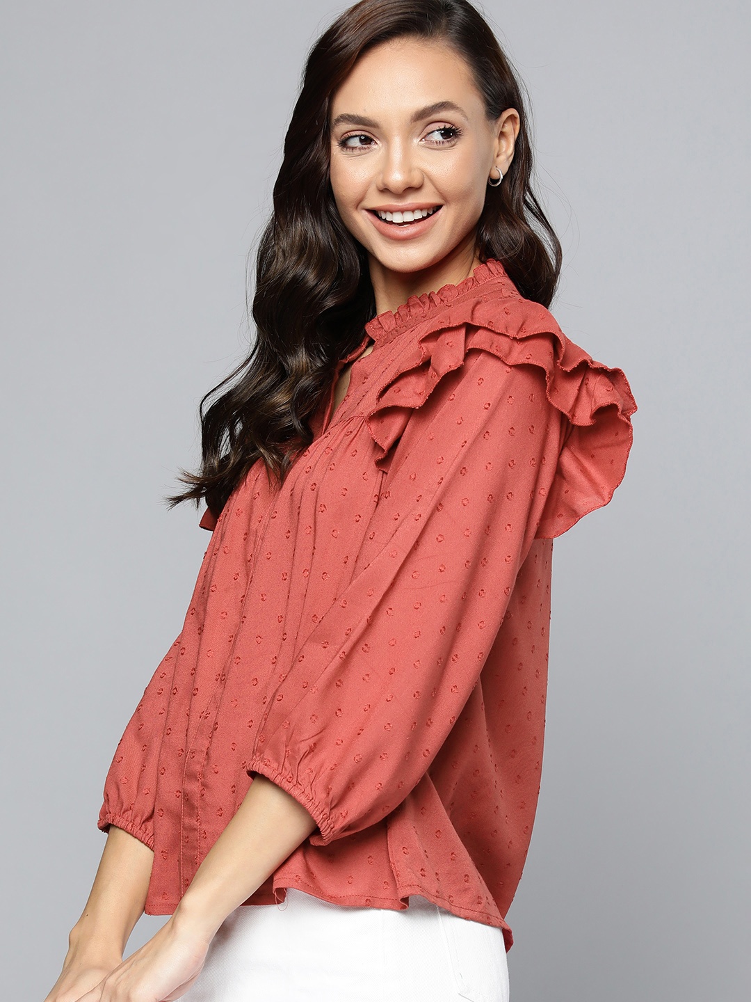 

Mast & Harbour Rust Red Dobby Weave Ruffles Detail Top