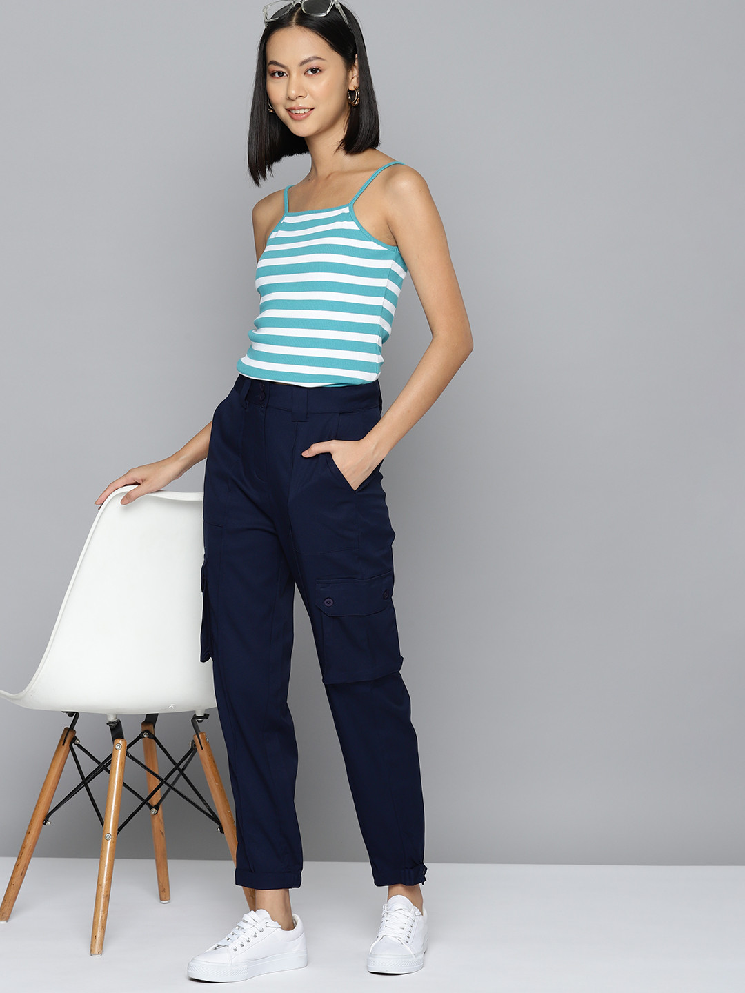 

Mast & Harbour Women Solid Cargos Trousers, Navy blue